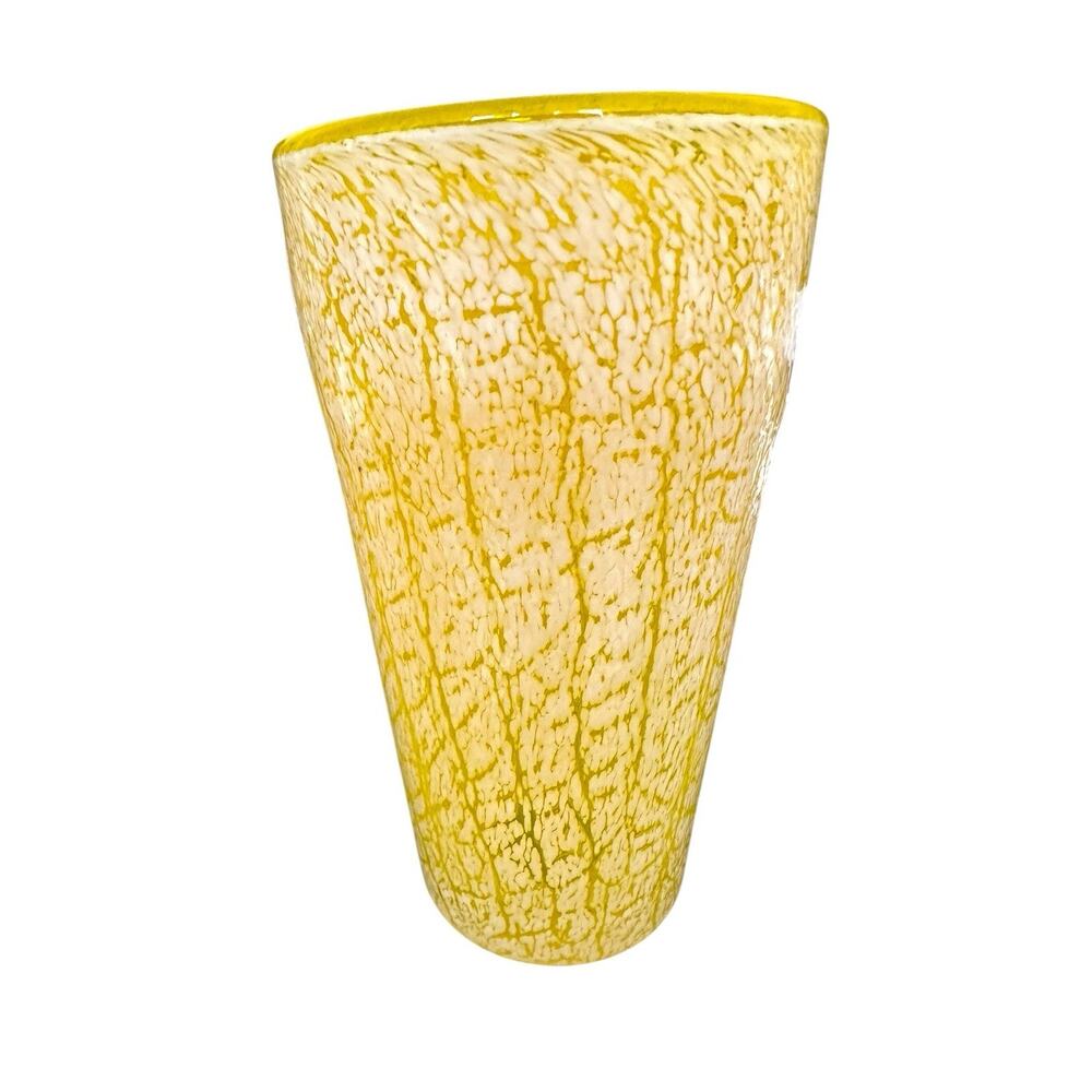 Art Glass Hand Made Lava Vase V Shape Bright Yellow White Accent 6.75” Tall
